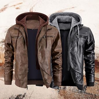 Leather Jacket Men's Warm Faux Leather Jacket with Hood Vintage Bomber Jacket Autumn Winter Thick Transition Jacket Windproof Biker Jacket Outdoor Motorcycle Jacket with Zip