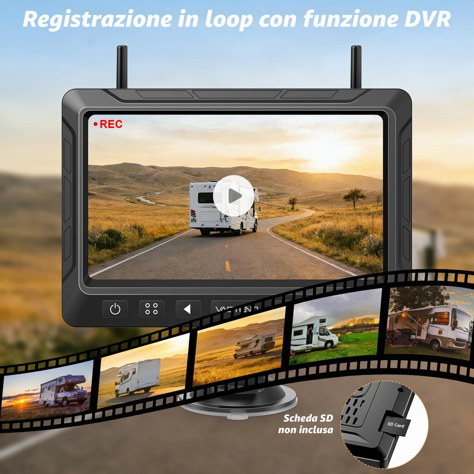 Telecamera di Retromarcia Senza Fili Solare con Batteria 10000mAh, Telecamera di Retromarcia Senza Fili 7", Impermeabilità IP67, Visione Notturna Infrarossa, per Caravana, Camion, Auto, Camper (VS-7E)