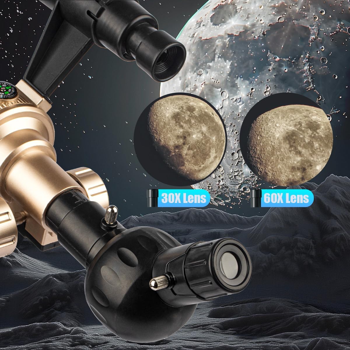 Telescope for Kids& Adults with 60X/30X Lenses, Adjustable Alloy Tripod, Mobile Phone Holder, 360° Gimbal Mount for Stargazing and Nature Viewing,Suitable for Astronomy Enthusiasts