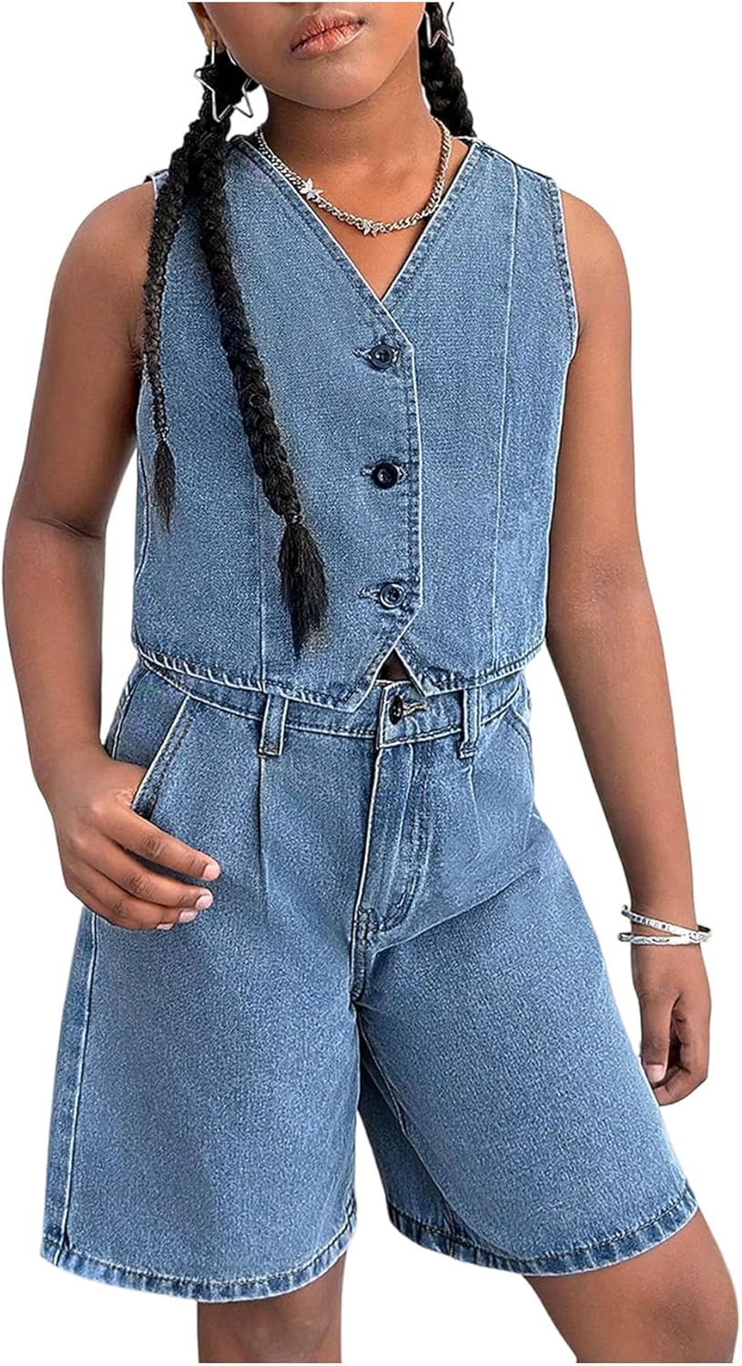 MakeMeChic Girl's 2 Piece Denim Outfits Sleeveless V Neck Button Down Vest and Wide Leg Jorts Sets
