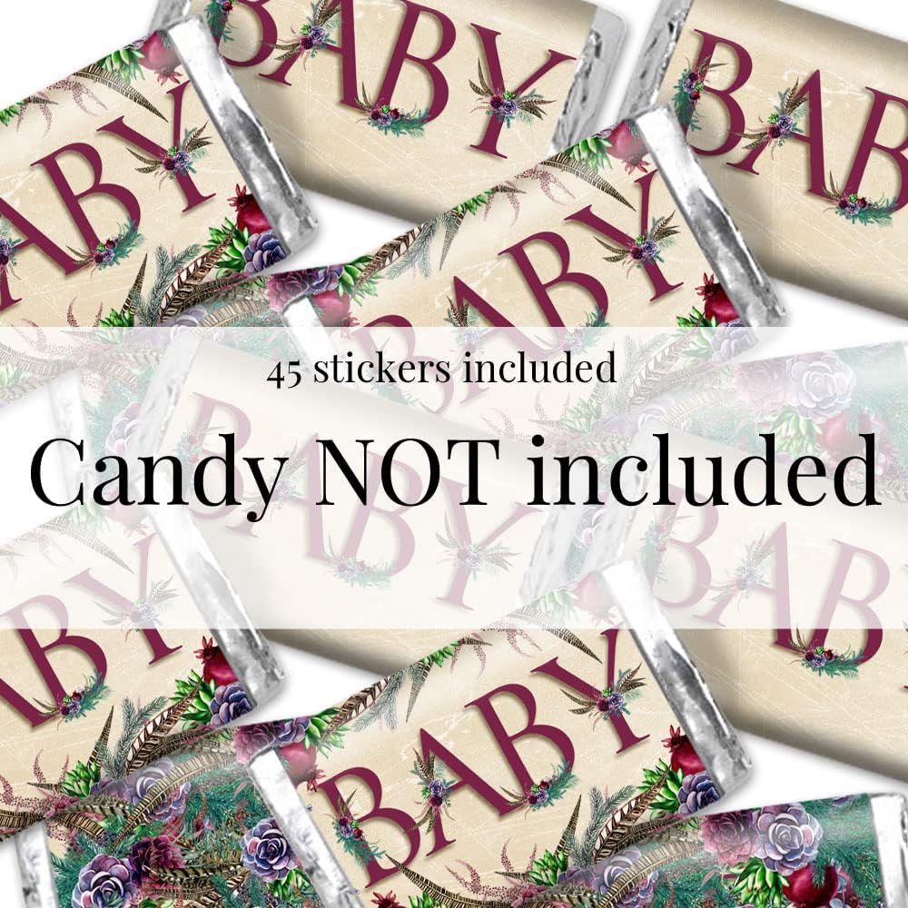 Amanda Creation Rustic Boho Succulents, Pine, Feathers Baby Sprinkle Baby Shower Mini Chocolate Candy Bar Sticker Wrappers, 45 1.4" x 2.6" Wrap Around Labels, Great for Party Favors image 2