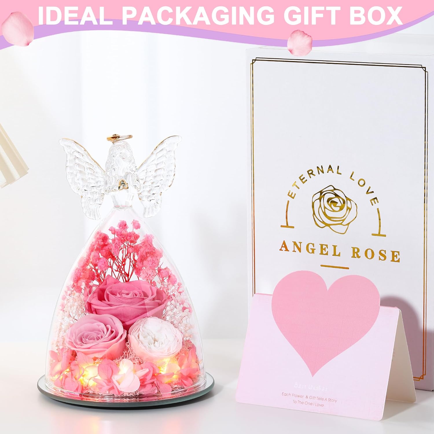 Valentines Rose Gifts for Women Preserved Real Flower in Glass Angel Figurines Roses for Delivery Prime Birthday Gifts for Mom Grandma Girlfriend Wife Her,Pink Austin Roses - Image 8