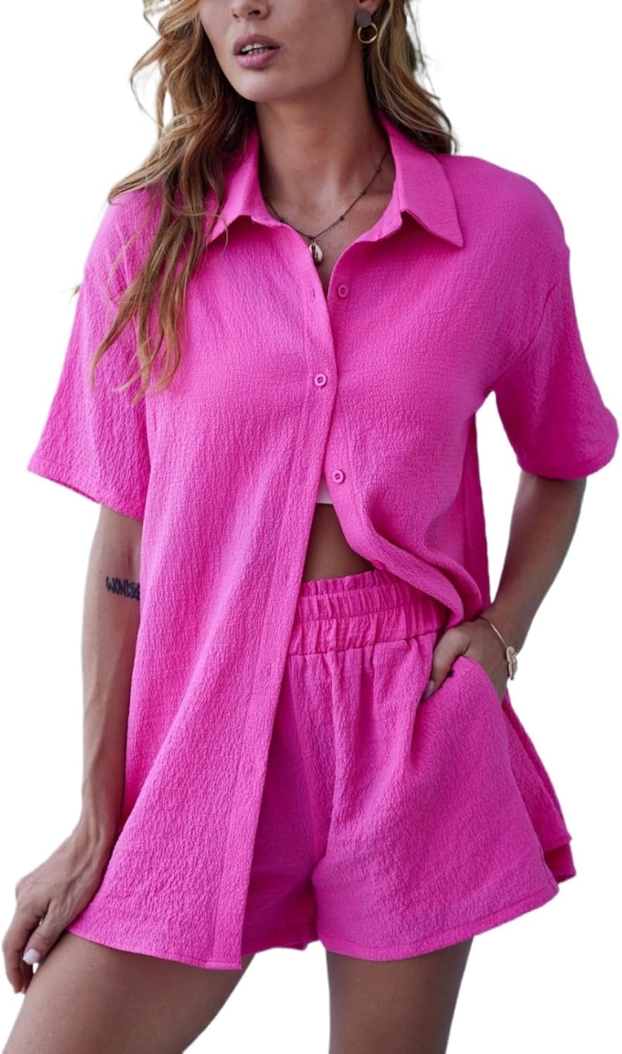 Summer women's set fashionable casual shorts short-sleeved shirt blouse buttoned cardigan