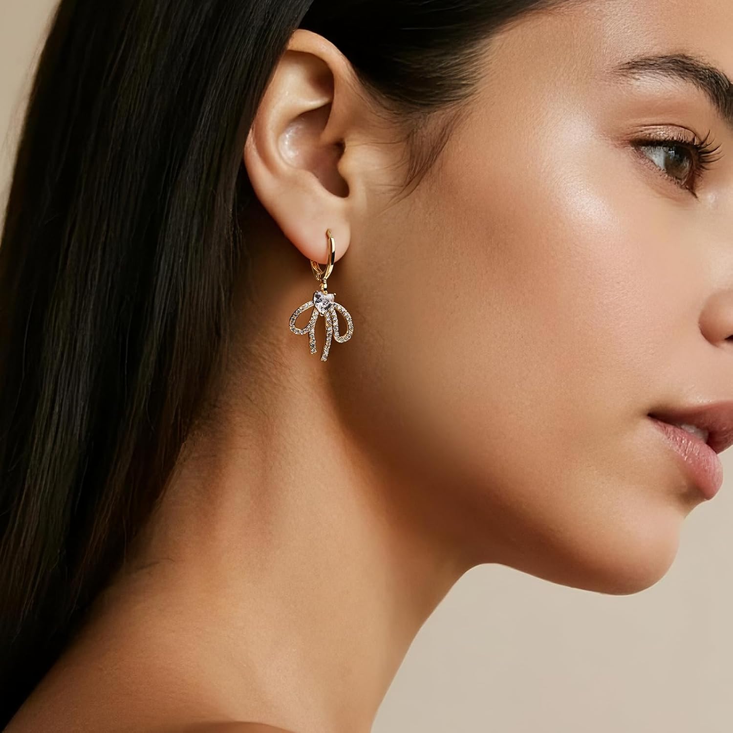 Sonateomber Gold Bow Dangle Small Hoop Earrings for Women, Cute Christmas Tree Sparkly CZ Rhinestone Snowflakes Ribbon Drop Earings Holiday Xmas Accessories Fashion Jewelry Gift - Image 2