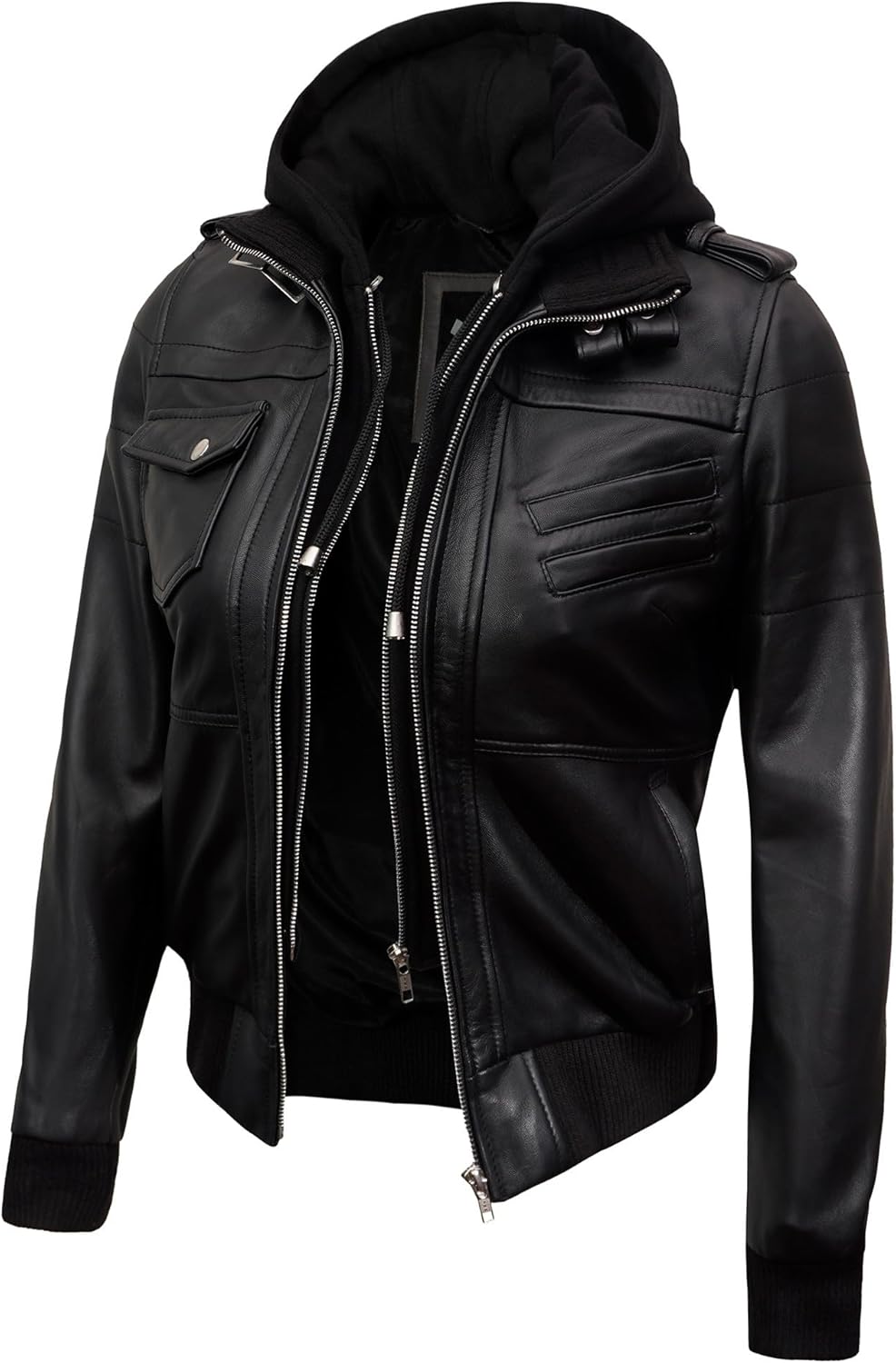 Hooded Leather Jackets For Women - Real Lambskin Womens Leather Jacket With Removable Hood - Image 3