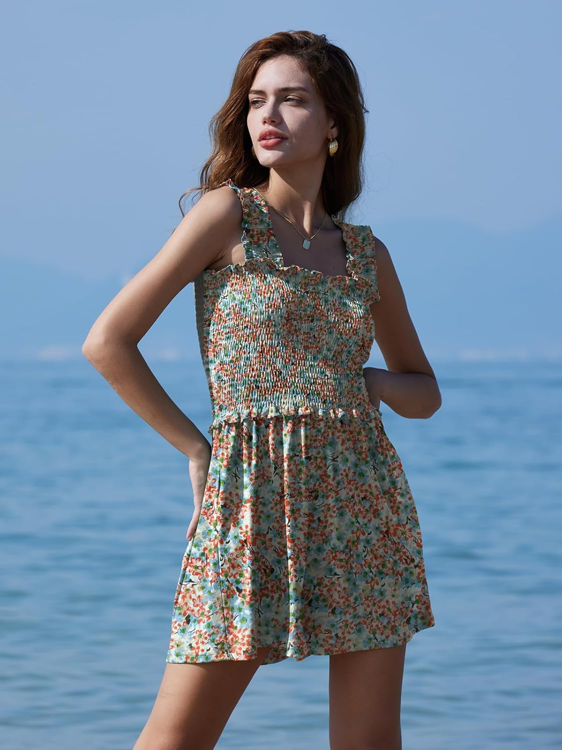 DEEP SELF Women Summer Sleeveless Romper Square Collar Ruffle Straps Flowy Short Jumpsuit with Pockets - Image 6