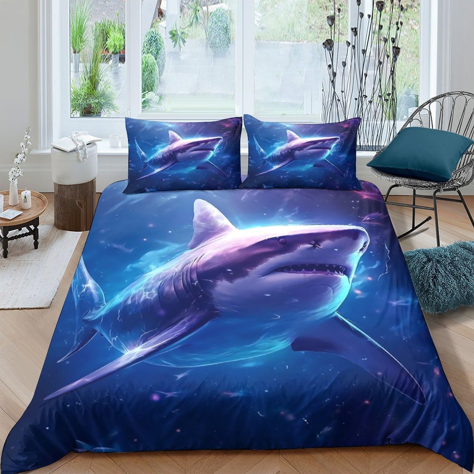 Ctjqhvkz Style-1 3D Printed Ocean Shark Fitted Sheet Microfiber Soft Blue Underwater Mattress Cover For Bedroom Dorm Mattress Decor Single（135X200cm）