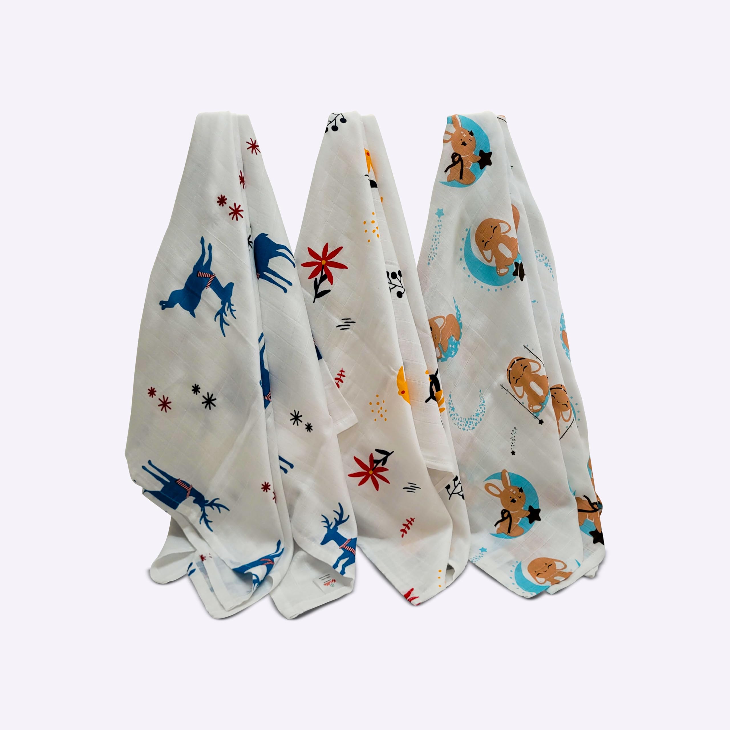 Kridlo 100% Cotton Baby Swaddle Wraps | Pack of 3, Soft & Breathable | Newborn Essentials 0-2 Years | 90x90cm Large | Blue Moon, Orange Daisy & Blue Deer Design | Skin-Friendly & Baby Safe Blanket 1