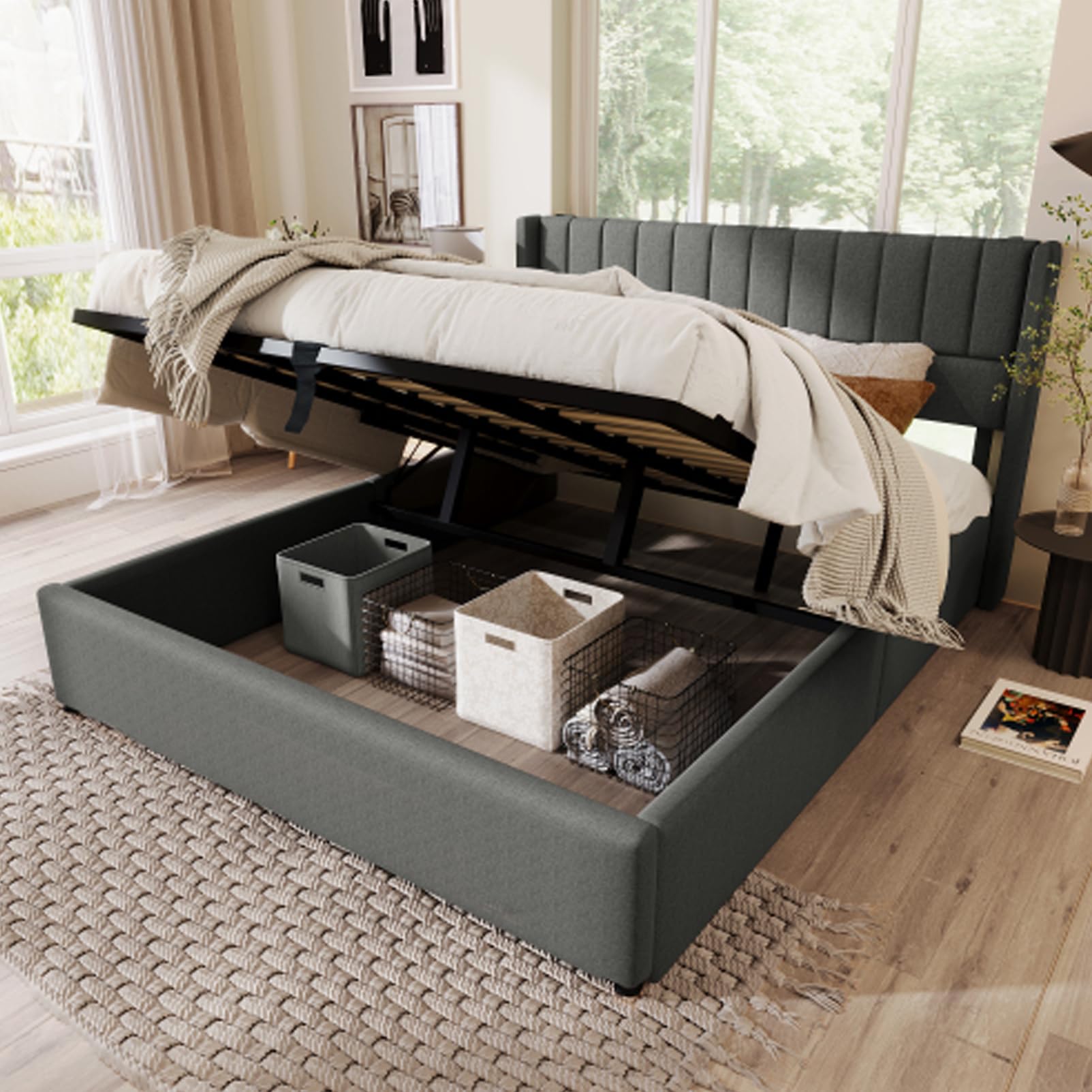 Letto Imbottito Idraulico Con Rete A Doghe In Metallo Letto Matrimoniale King Size Biancheria Letto Per Ragazzi Per Adulti Ragazzi Letto Contenitore Box Letto Letto Per Gli Ospiti Grigio 160x200 Cm