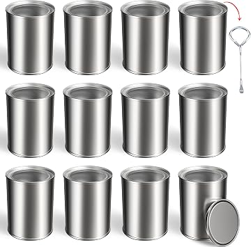 12PCS Empty Paint Cans with Lids, 1 Quart Metal Unlined Paint Bucket, Small Round Paint Storage Containers for Leftover Paint, Arts Crafts, DIY Projects, Painting Silver, 2 Pint