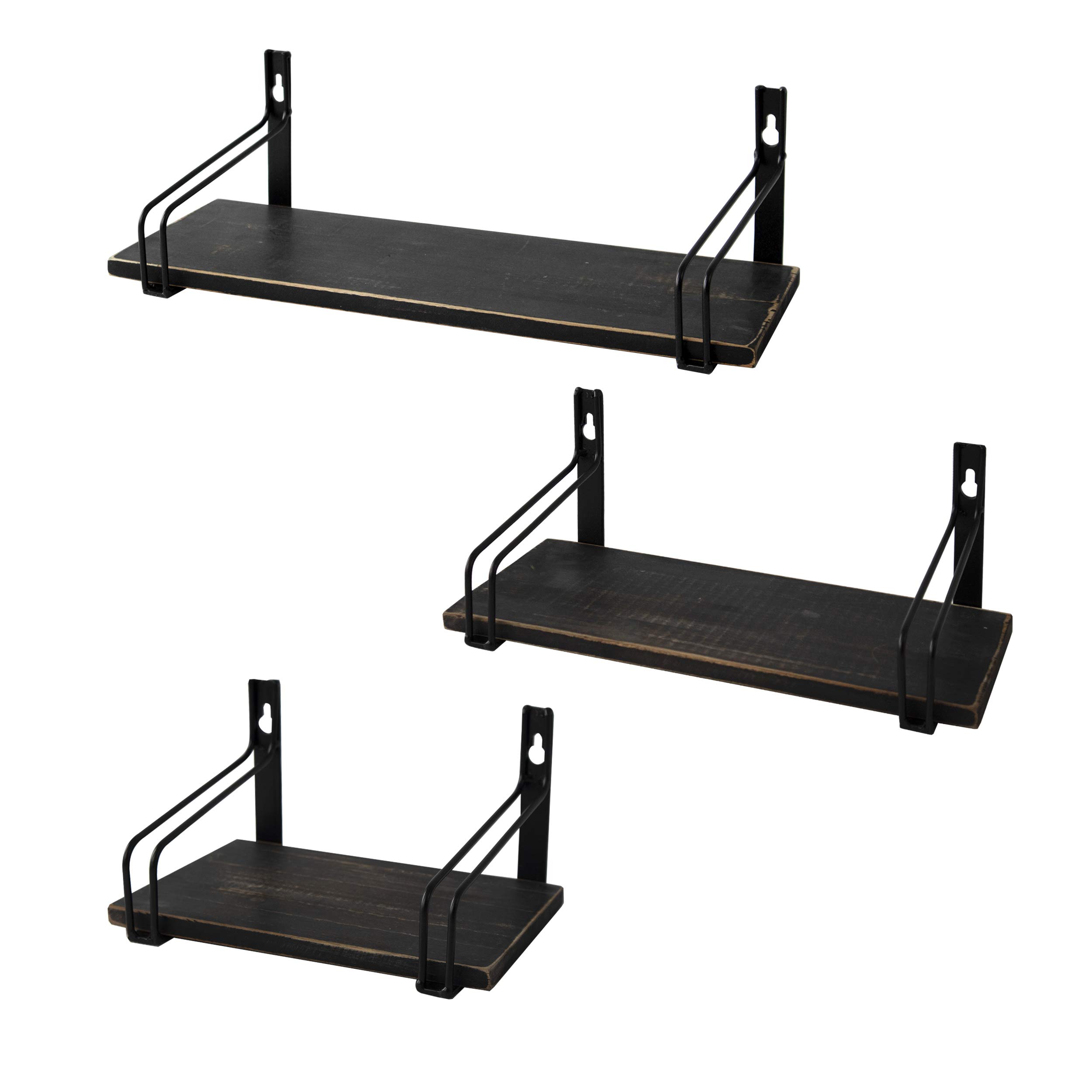 Made Terra Set of 3 Wooden Floating Shelves Wall Mounted, Rustic Wood Wall Storage Shelves for Bedroom, Bathroom, Kitchen, Living Room, Home and Office Decoration (Black)