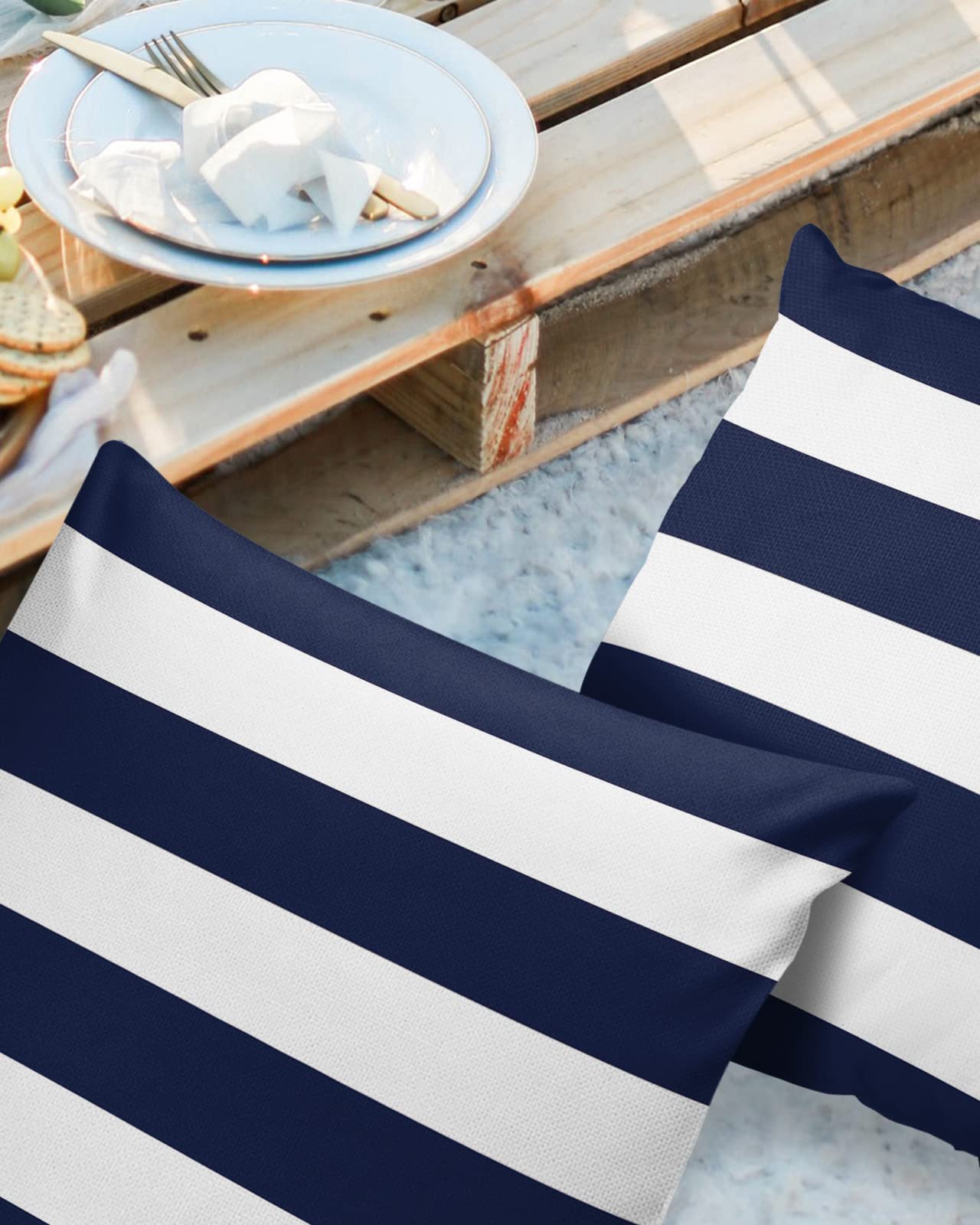 MADIZZ 20x20 Inch Outdoor Throw Pillow Covers - Navy Blue Polyester Linen, Flange Edge, Set Of 2 - View #8