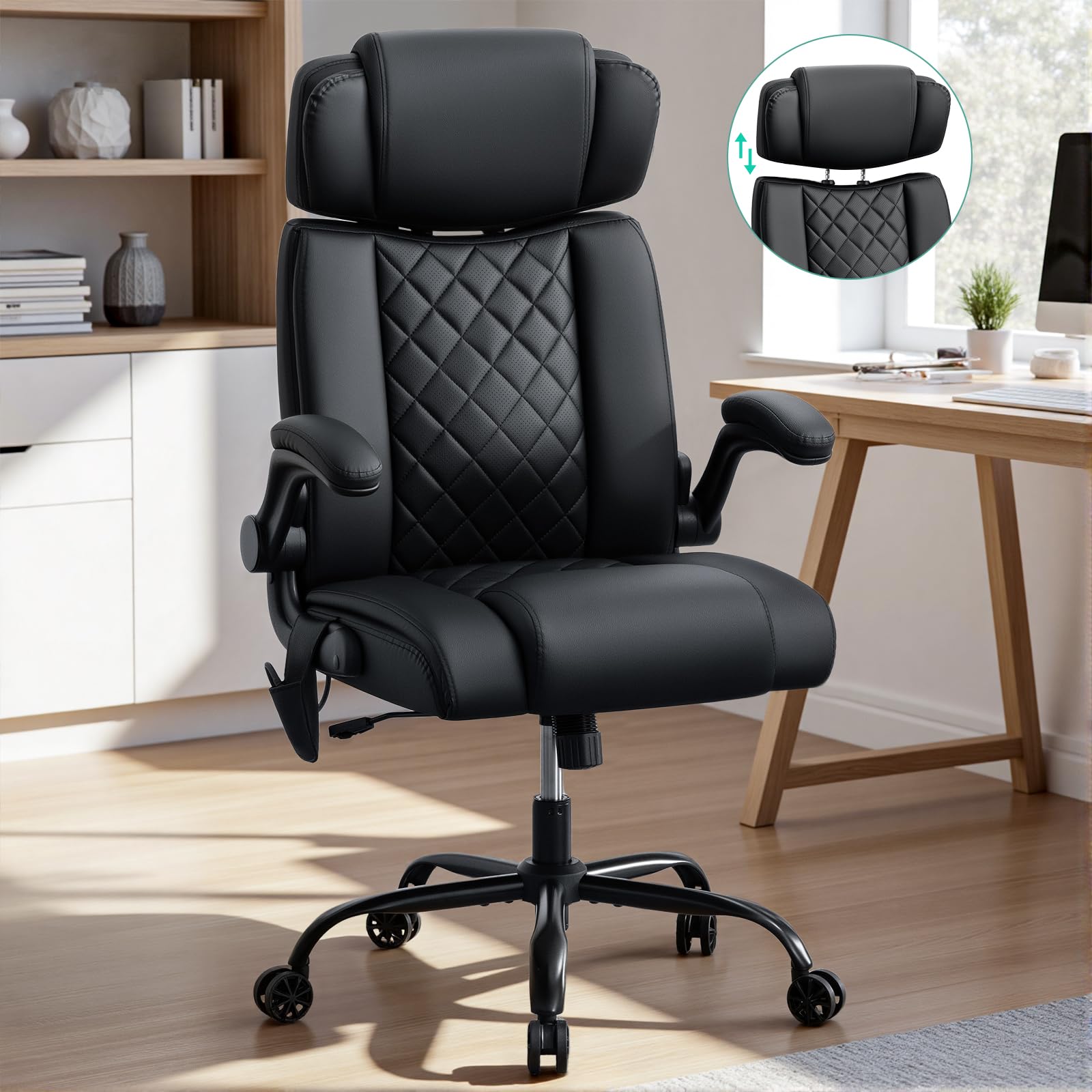 HOFFREE Bürostuhl Ergonomischer mit Lendenstütze PU-Leder Chefsessel 200kg mit Hochklappbare Armlehnen Hoher Rückenlehne Computerstuhl,Verstellbare Kopfstütze,Schwarz