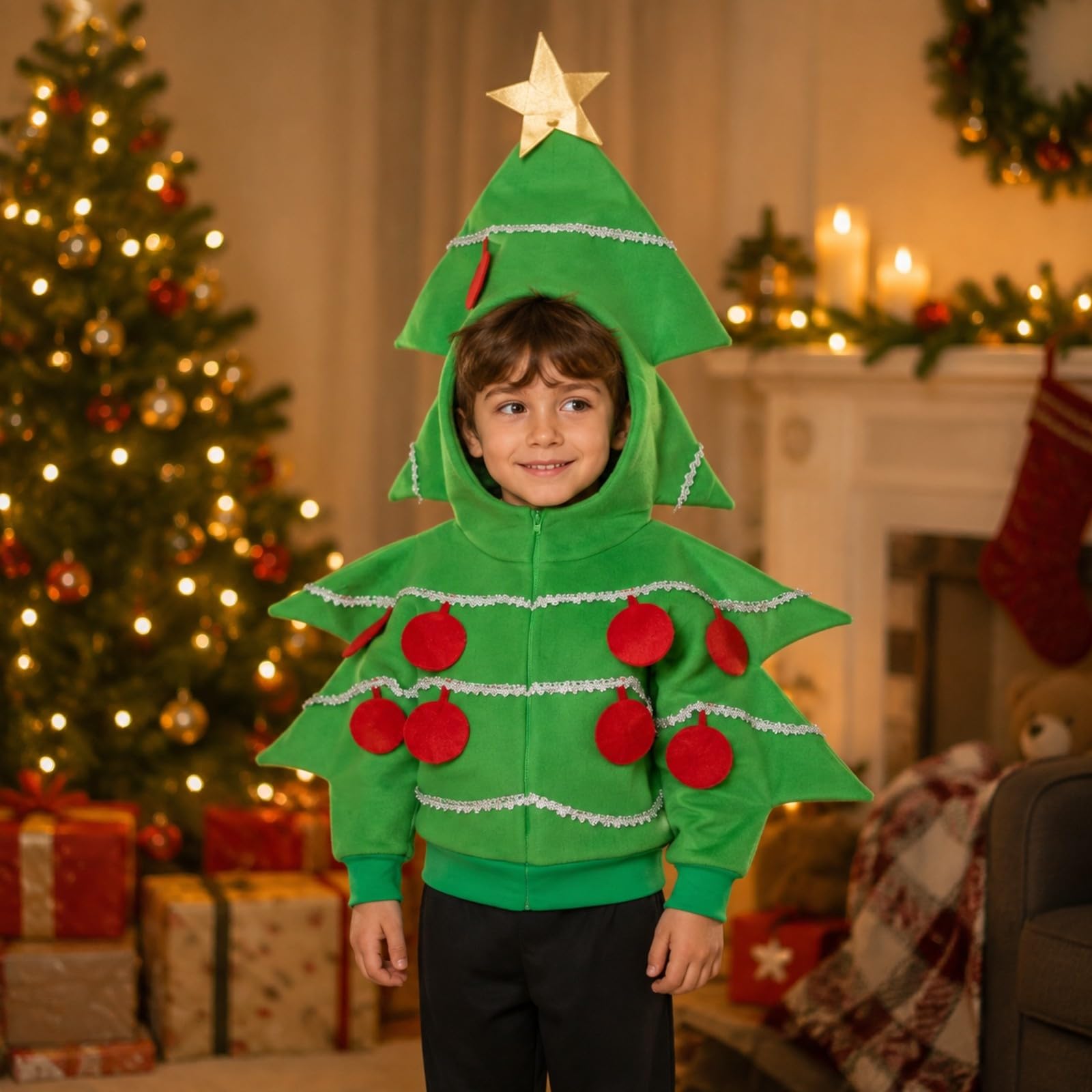 Costume Albero di Natale con Cappuccio Costume Natalizio con Applicazioni a Palline Dorato per Foto Festive