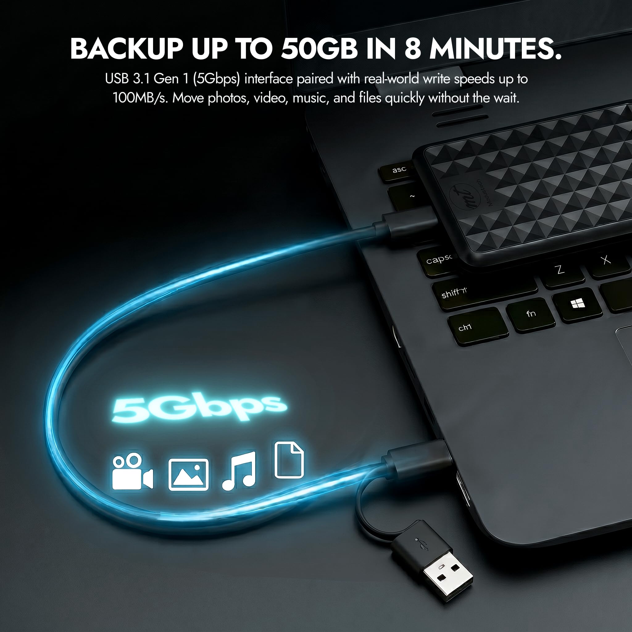 ModusTech 500GB Hard Disk Esterno Portatile USB 3.0 Type-C Alta Velocità Compatibile Windows Mac PC PS4 Xbox Nero