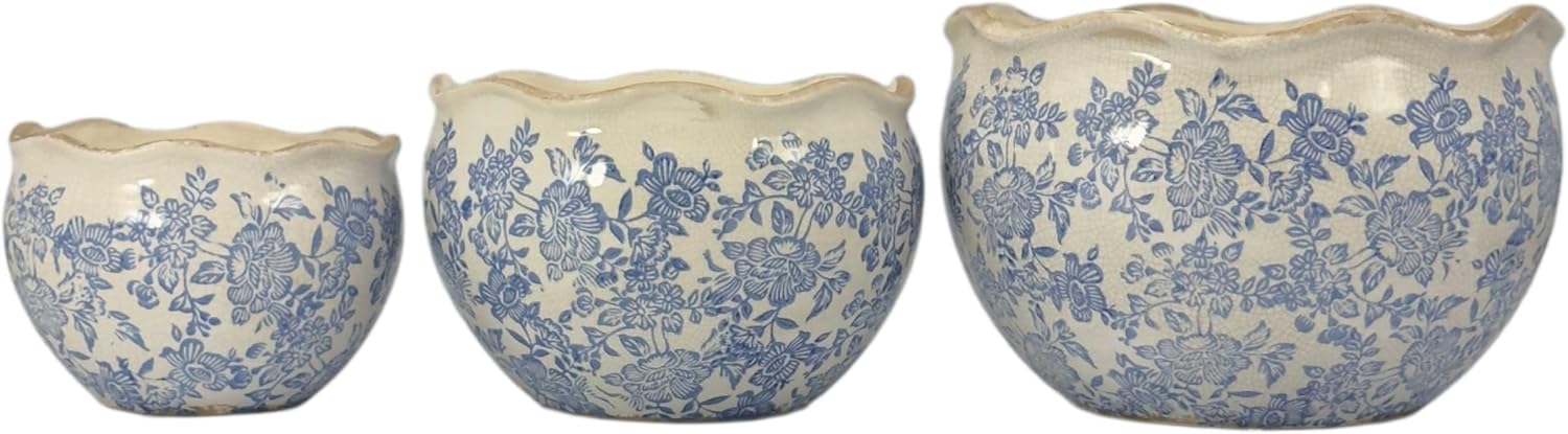 Galt International Ceramic Plant Pots Set of 3 Rustic Vintage Farmhouse Cream Crackle Glaze (11"/ 9.6"/ 7") Garden Indoor Outdoor Flower Planter w/Drainage Hole (Vintage Blue)