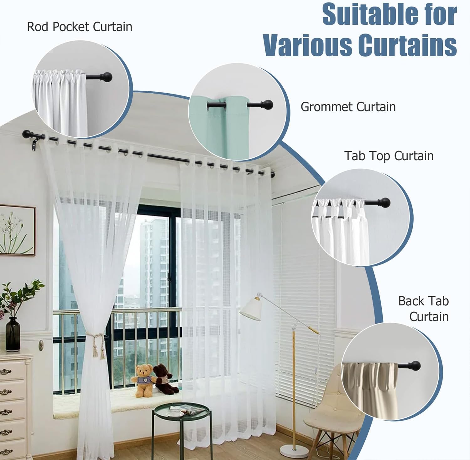 Black Curtain Rods for Windows-5/8" Diameter Spliced Window Treatment Rods 48-84 Inches, Heavy Duty Curtain Pole with Adjustable Brackets for Bedroom, Kitchen, Dining Room, Living Room