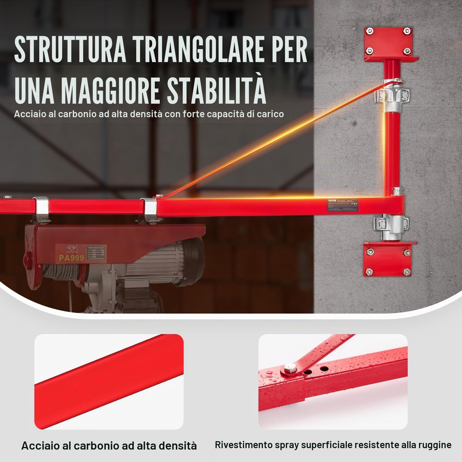 VEVOR Braccio Supporto per Paranco Elettrico, Capacità Carico 600 kg, Braccio di Supporto per Paranco Girevole con Asta, Telaio di Sollevamento in Acciaio a 180° per Officina, Garage