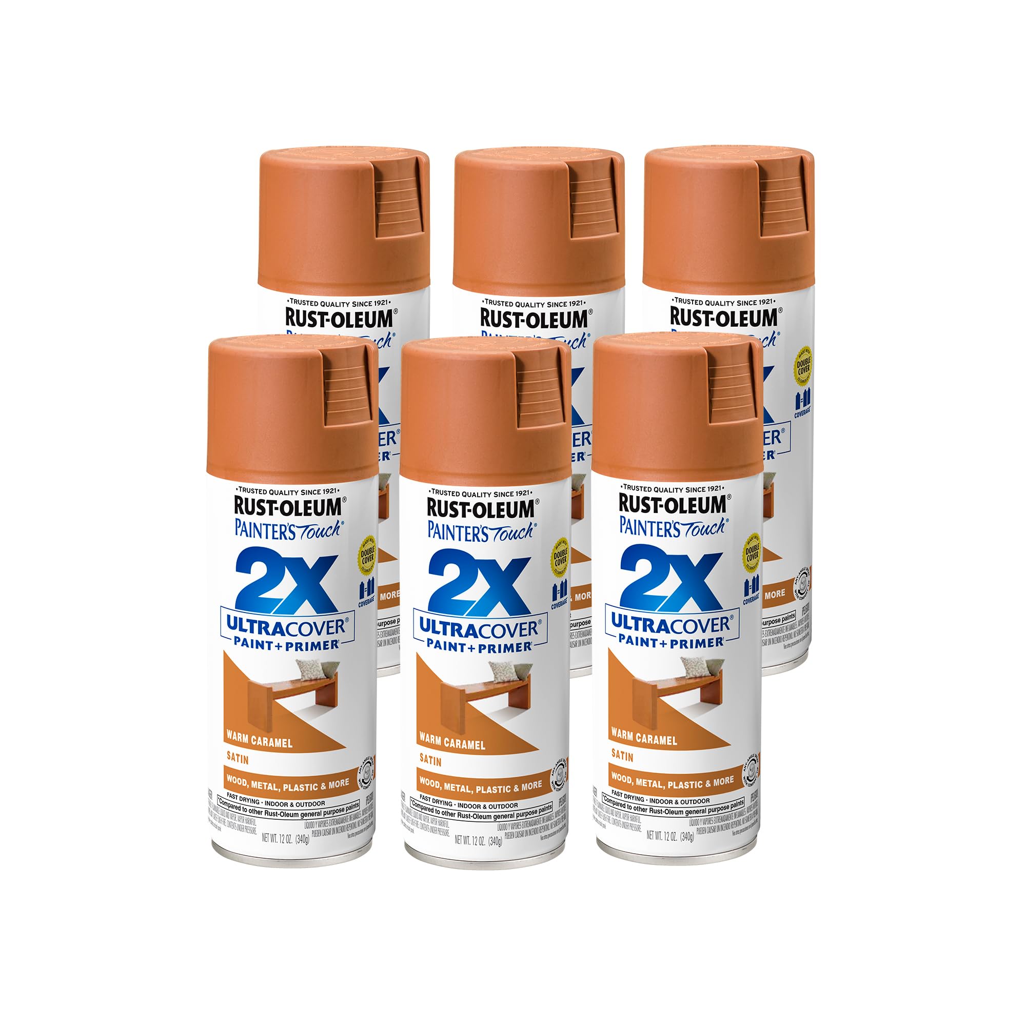 Rust-Oleum 334083-6PK Painter's Touch 2X Ultra Cover Spray Paint, 12 oz, Satin Warm Caramel, 6 Pack