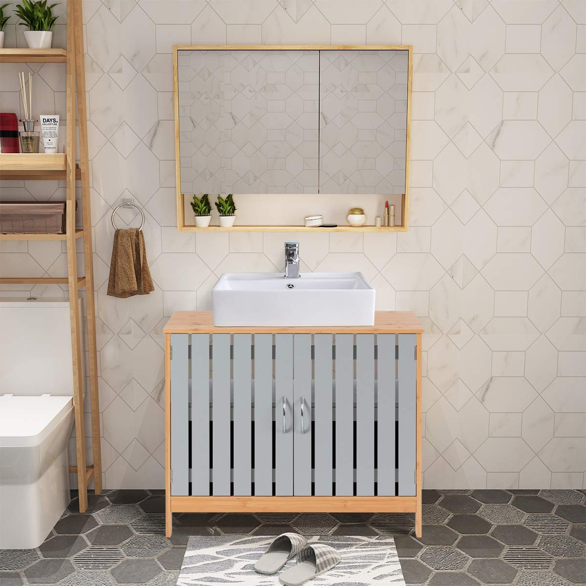 Tangkula Bathroom Under Sink Vanity Bamboo Freestanding Storage