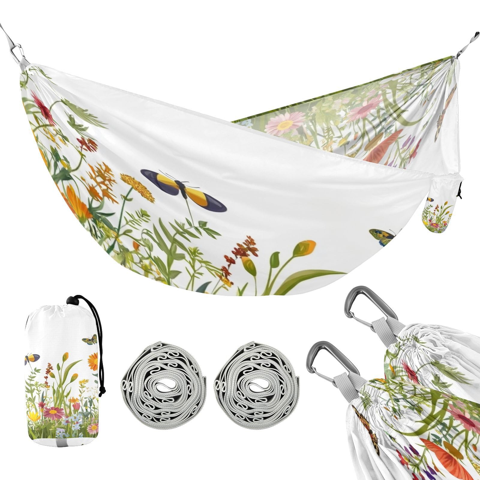 Haskirky Butterfly Wildflowers Camping Hammock, Single Portable Hammocks with Tree Straps & Attached Carry Bag, 330Lbs Capacity Perfect for Outside Indoor Hiking Beach Backpack Travel