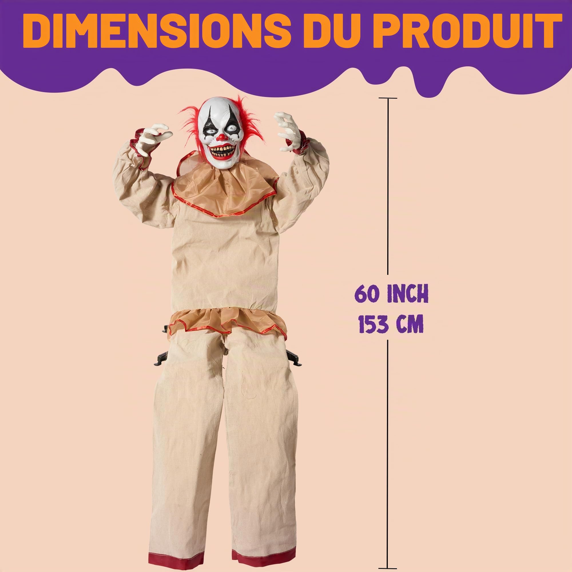 JOYIN Décoration de Clown Assis animatronique d'halloween de 165cm avec Yeux Lumineux, Son Effrayant, Bras et tête Mobiles (activé par Le Son et la lumière) pour Les décorations de Maison hantée