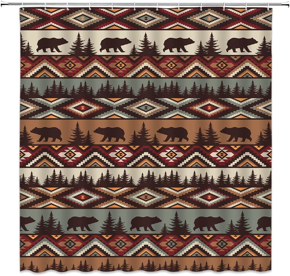 Rustic Bear Shower Curtain Cabin Wild Animal Bear Tree Safari Aztec Navajo Native American Western Farmhouse Hunting Camping Retro Fabric Bathroom Sets with Hooks