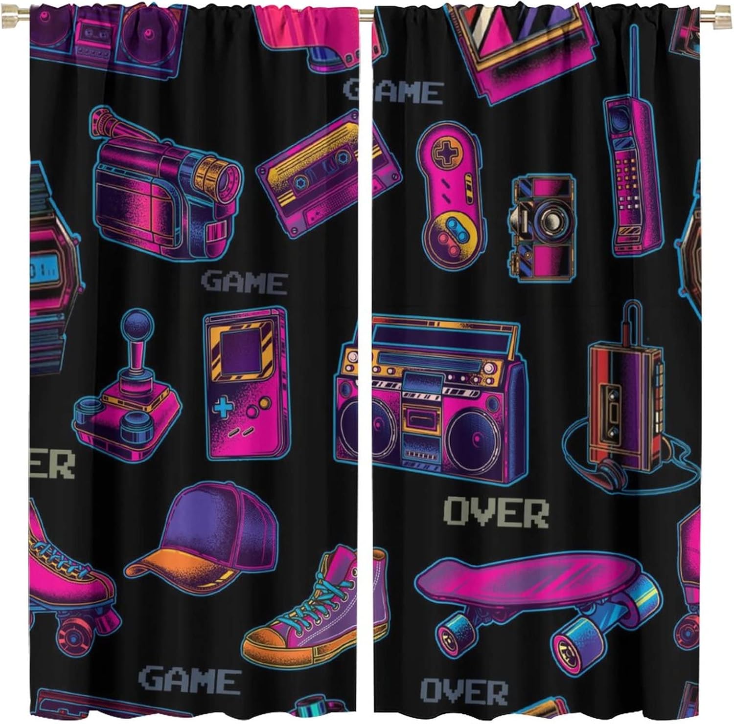 Watercolor Video Games Blackout Curtains,Retro Abstract Gamepad Games 80s 90s Print Window Curtains Rod Pocket Thermal Insulated Room Darkening Blackout Curtains 2 Panels 45L x 21W