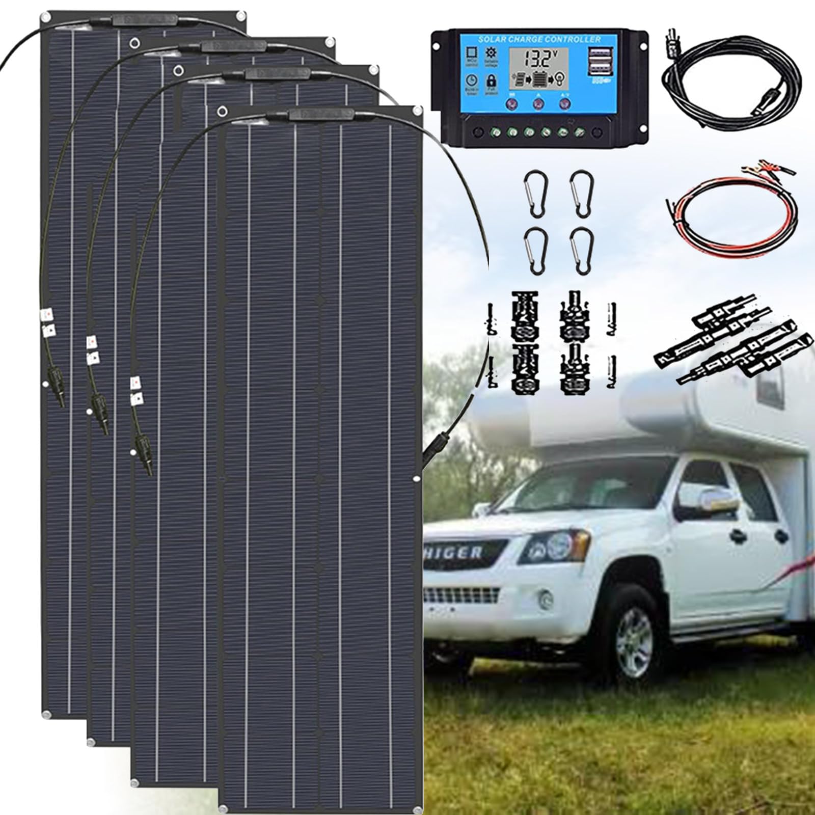 Kit pannello solare da 800 W, 4 pannelli solari monocristallini flessibili portatili da 200 W con regolatore di carica da 40 A, caricabatterie solare pieghevole impermeabile for camper, auto, barca, t