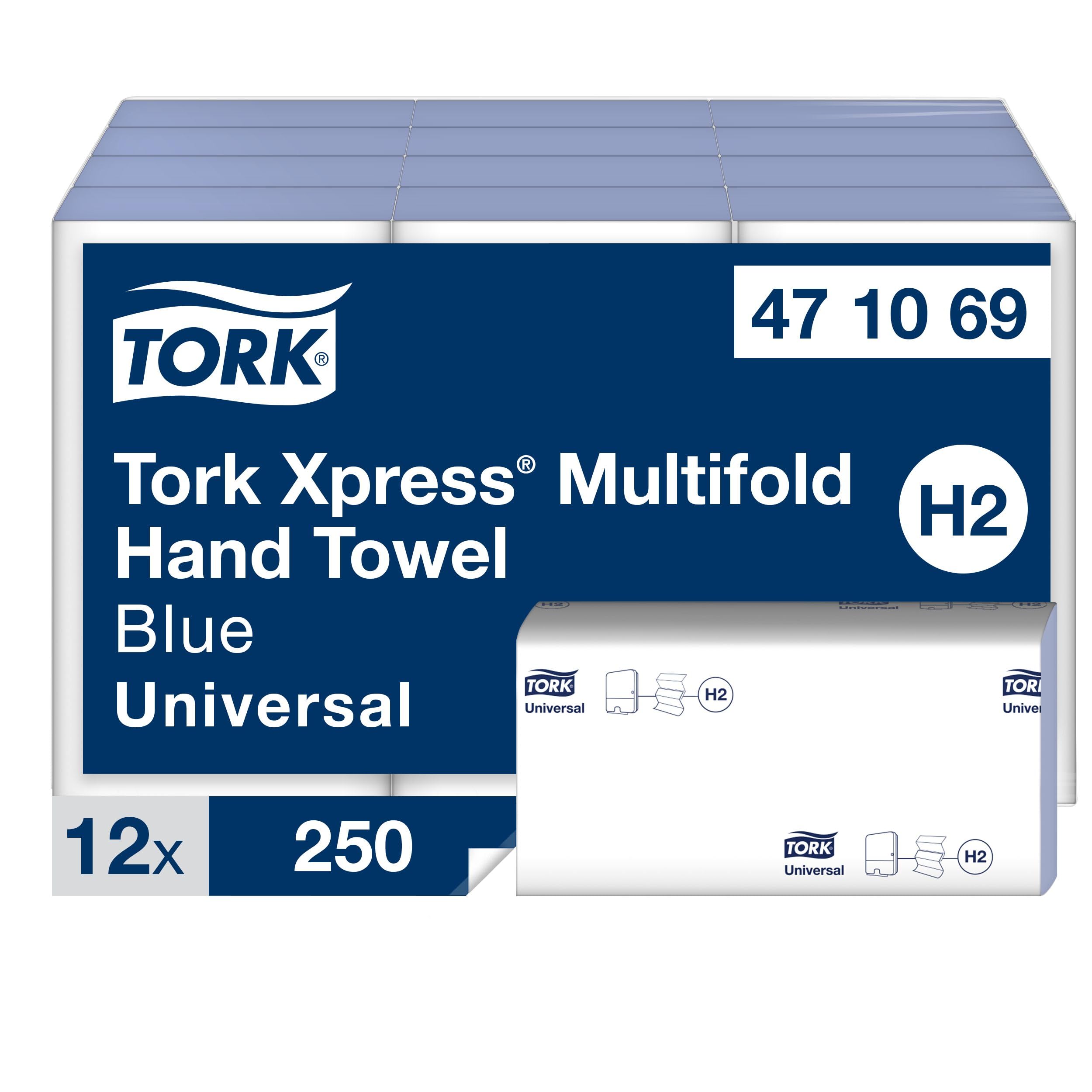Tork Xpress® Wielopłatowe Ręczniki Papierowe Niebieskie H2, Uniwersalne, 1-warstwowe, 100% Włókna Recyklingowane, 12 x 250 Arkuszy, 471069