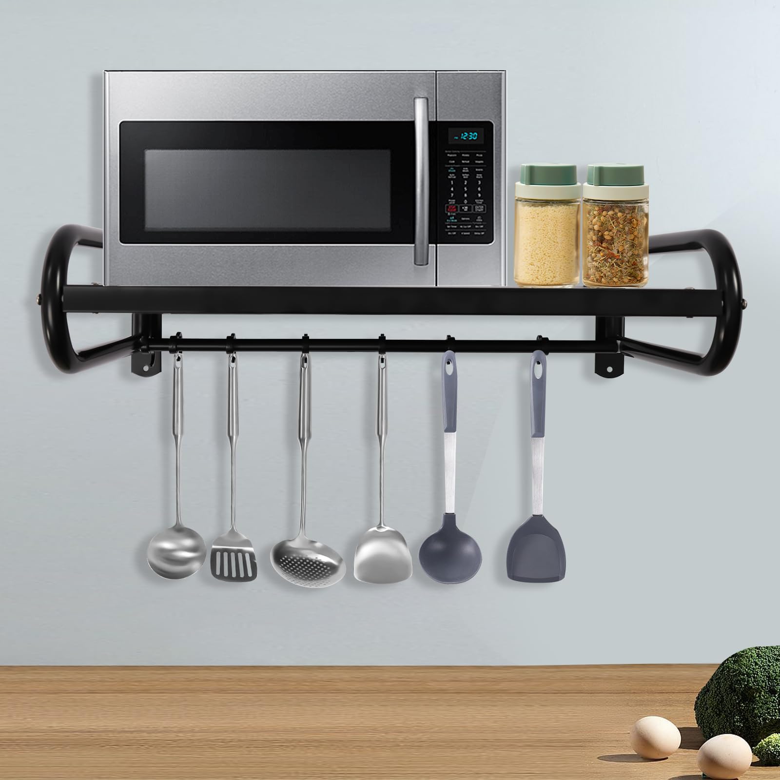 Estantería de pared para microondas, soporte para horno, soporte rectangular para microondas, soporte de pared con 6 ganchos móviles, grosor de acero inoxidable, soporte para microondas de hasta 30