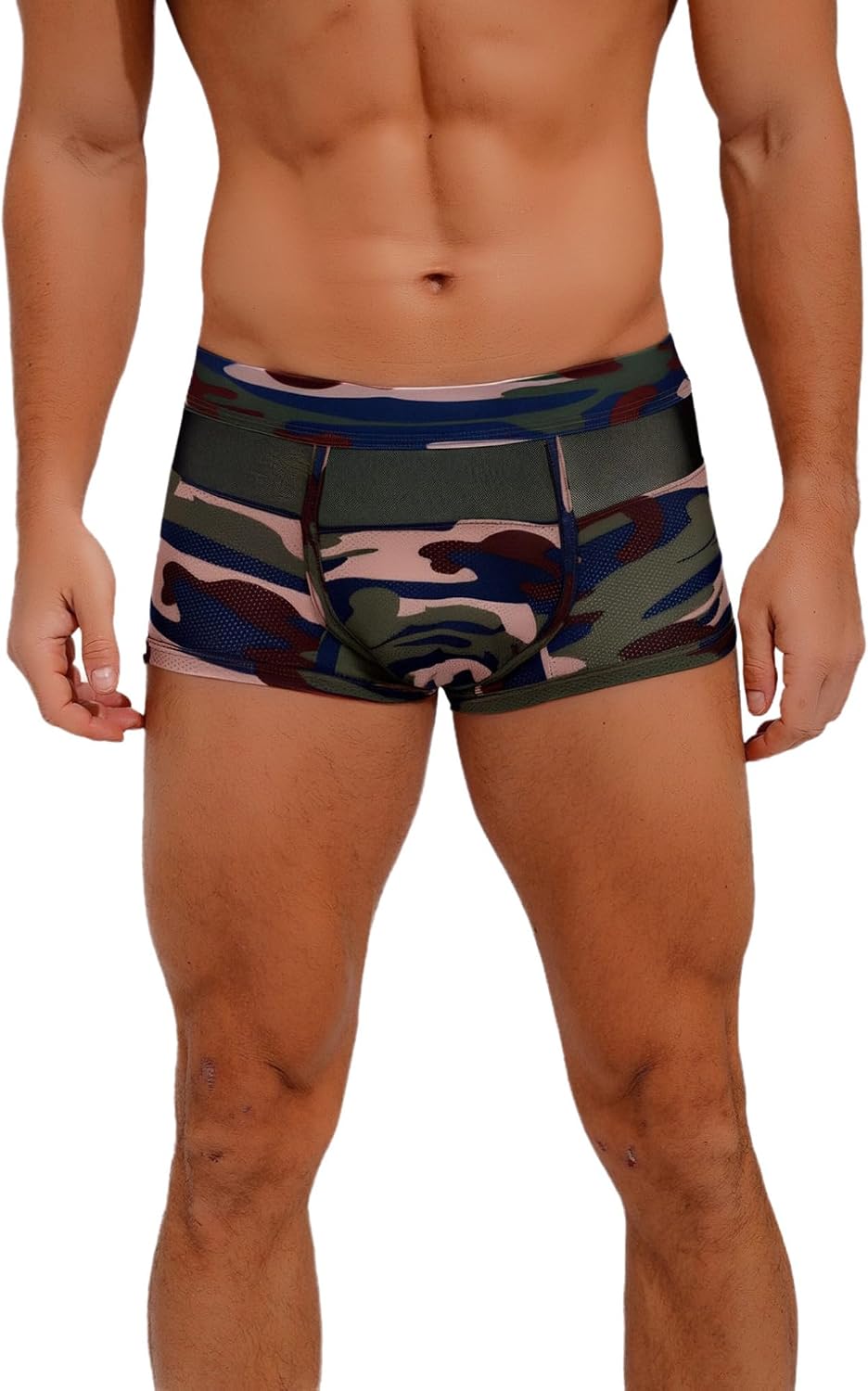 Hularka Men's Sexy Mesh Patchwork Boxer Shorts Camouflage Printed Breathable Bulge Pouch Underwear