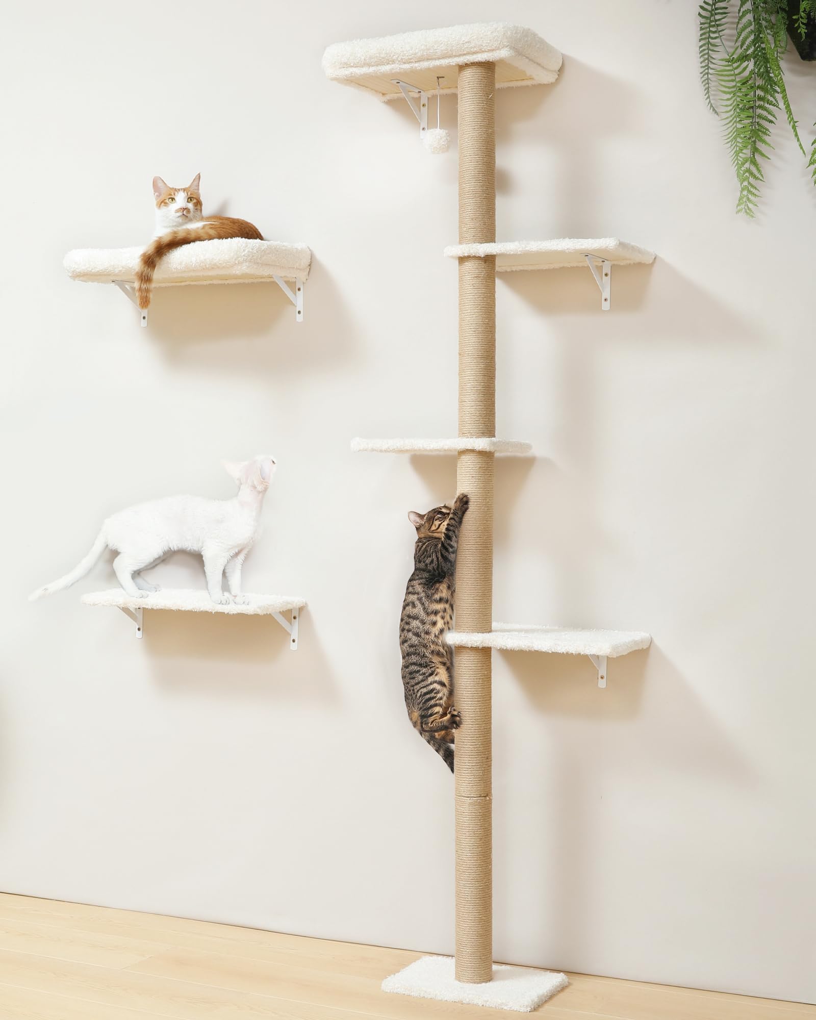 FUKUMARU Mensole per Gatti da Parete, Set di Mobili per Gatti a Muro Stabile 3-in-1, Colonna Tiragraffi da Parete con Piattaforma Morbida e Cuscino, Parete per Arrampicata Salvaspazio.Beige