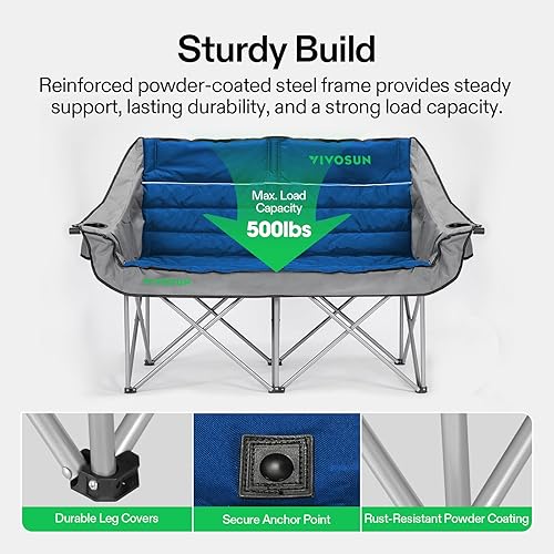 Miniatura 5 de VIVOSUN Double Camping Chair, Fully Padded Folding Loveseat, Oversized Duo Chair with Cup & Wine Glass Holders, Pocket, Armrests & Carry Bag Azul