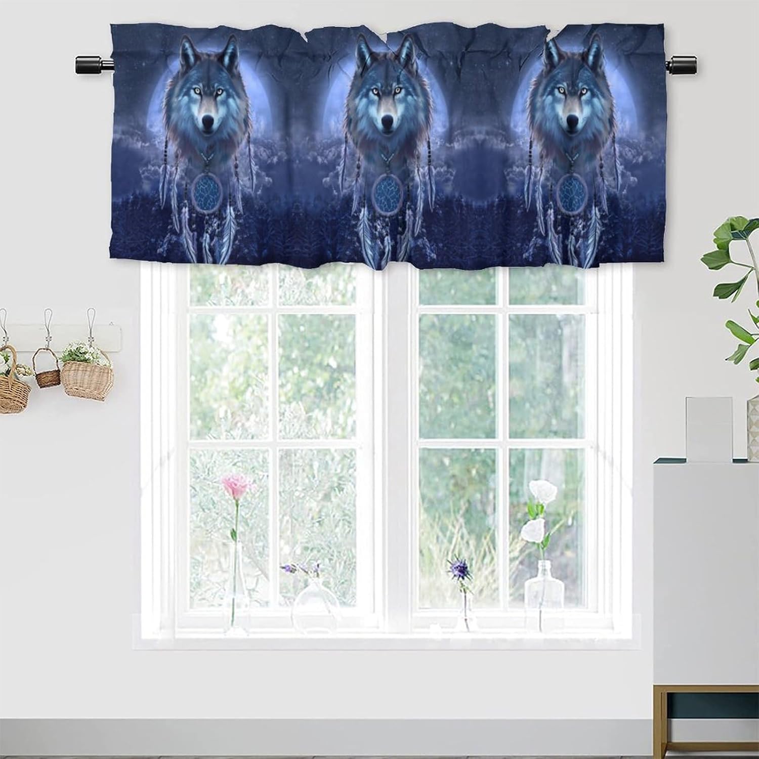 Brebasf Winter Forest Wildlife Wolf Valance for Window Curtains,Fantasy Galaxy Full Moon White Wolves Rod Pocket Curtains Valance Window Treatment 54x18inch,2Pcs