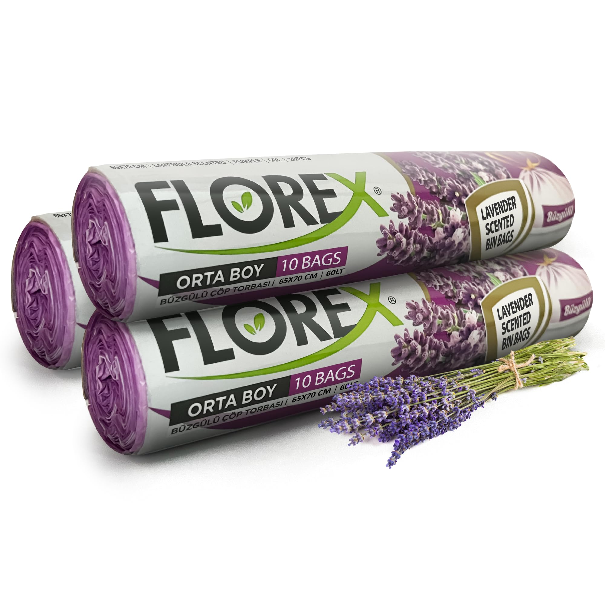 Florex Orta Boy Lavender (Purple) 60L Bin Bags Swing Bin Liners With Drawstrings 30 Counts For Kitchen, Office, Bathroom Bin Liners, Strong Bin Bags 65 X 70Cm 3 Rolls Trash Bags