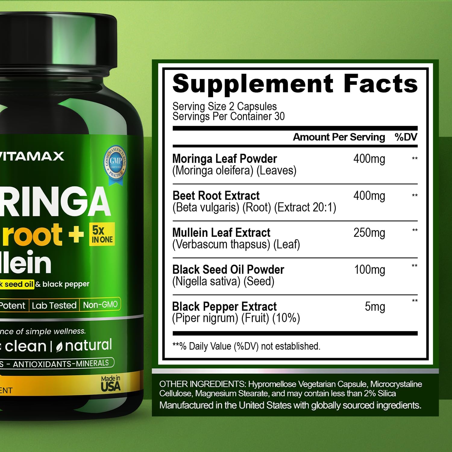 Moringa Capsules, Beet Root, Mullein Leaf - Energy, Skin, Immune Supplement Superfood, Rich in Antioxidants, Minerals & Essential Vitamins - High Absorption Non-GMO - Made in USA - 60ct - Image 8