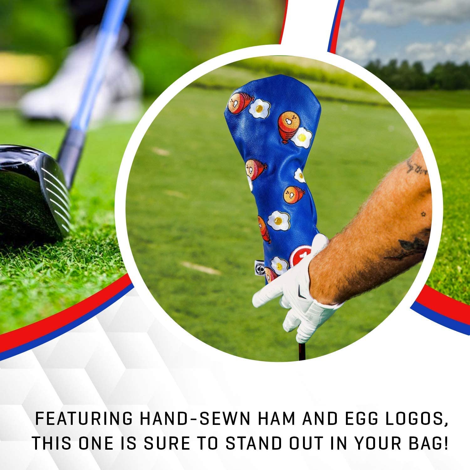 Pins & Aces Golf Co. Ham & Eggs Housse en cuir de qualité supérieure faite à la main pour club de golf 3 W Motif parcours