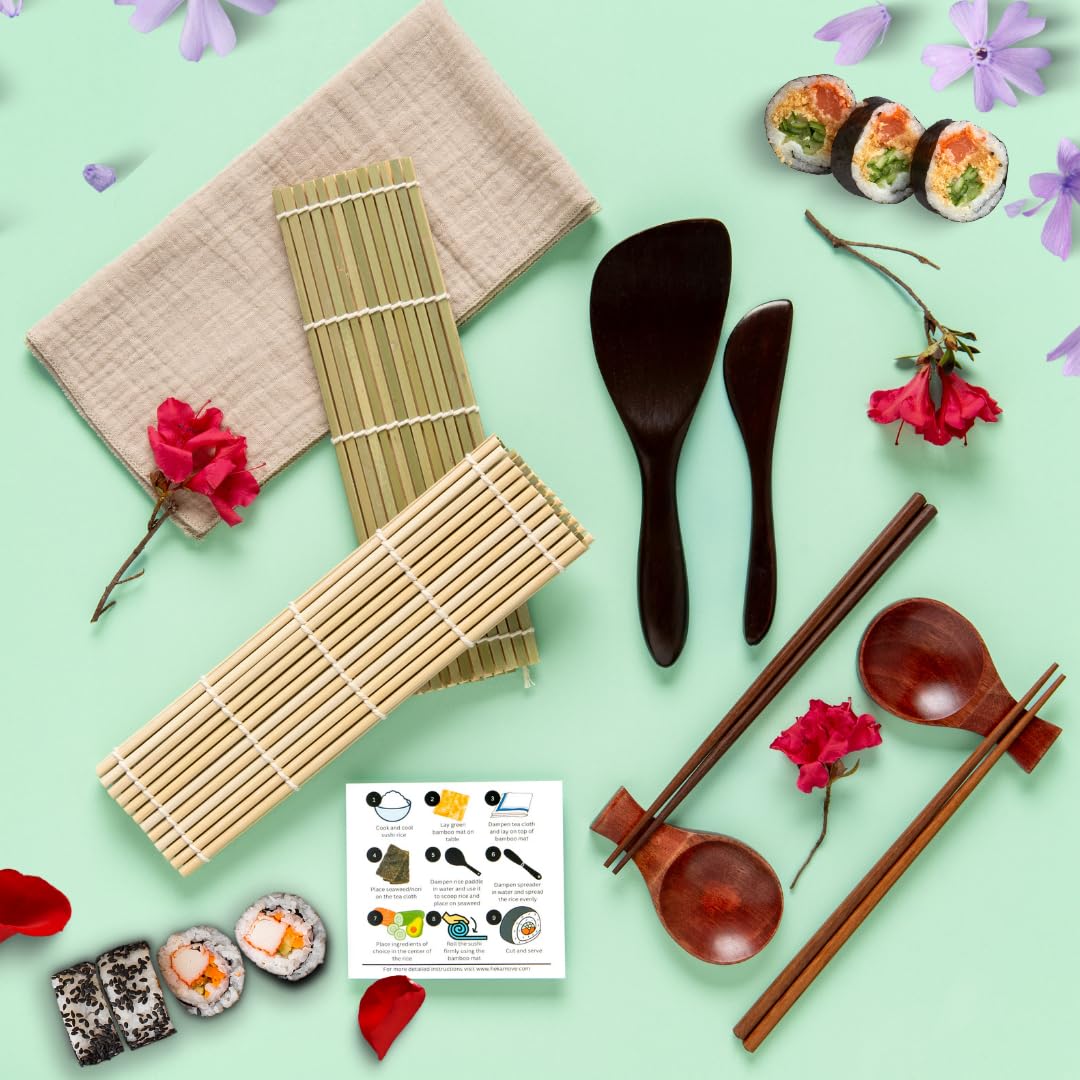 Kit de fabricación de sushi prémium sin plástico para el hogar, para principiantes o profesionales para hacer sushi. Hecho de madera premium, incluye paño de té, respetuoso con el planeta, el mejor 3