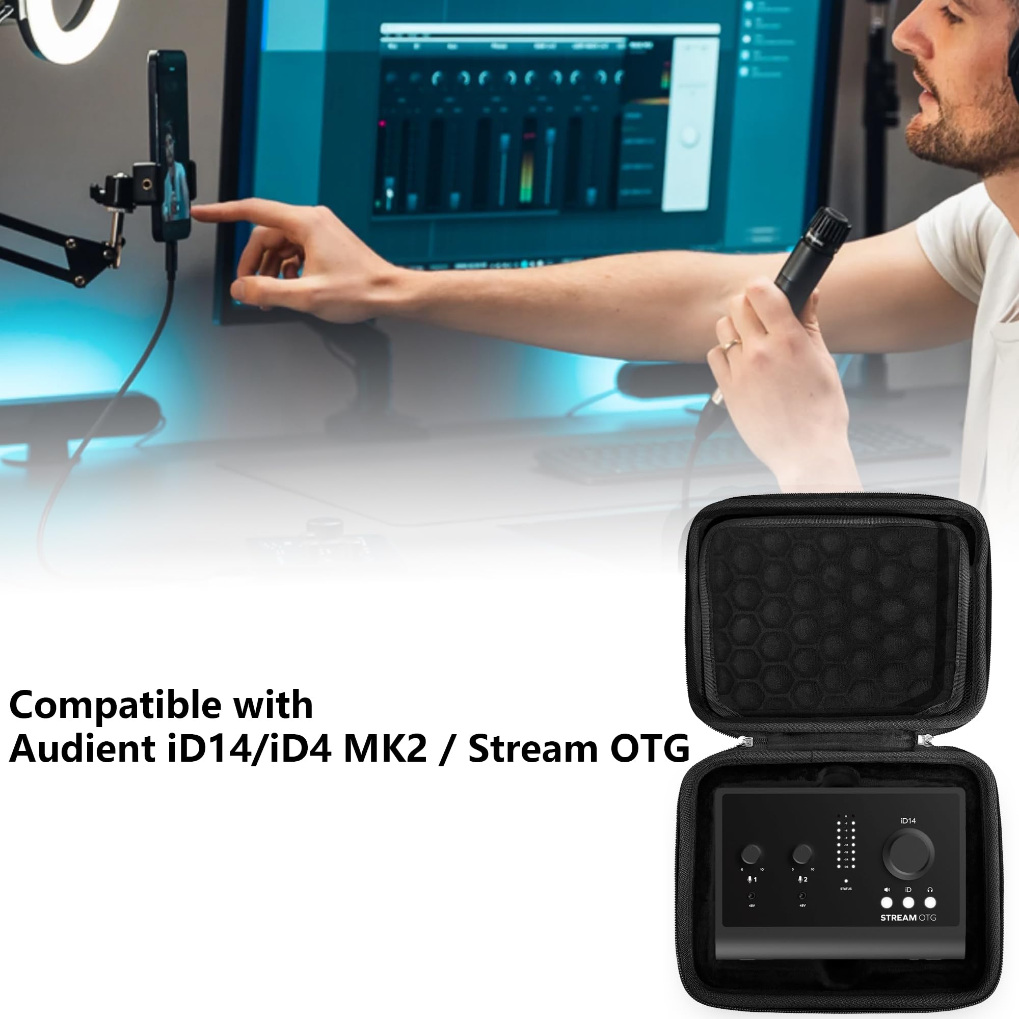 Musiin Tragetasche für Audio-Interfaces, kompatibel mit Audient iD14 MKII Interface/Stream OTG, weiches Innenfutter mit Rillenpassung, Netztasche für Kabel und Zubehör, ideal für Studioaufnahmen