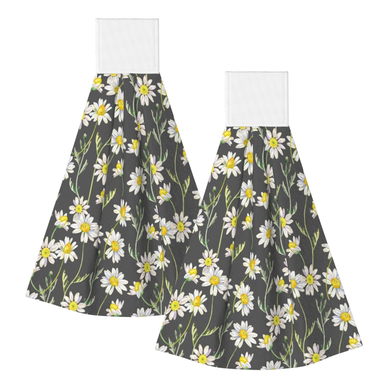 DOPKLNA Hand Drawn Daisy Watercolor Pattern, 2 Pcs Hanging Coral Fiber Hand Towels for Bathroom, Absorbent Kitchen Towels