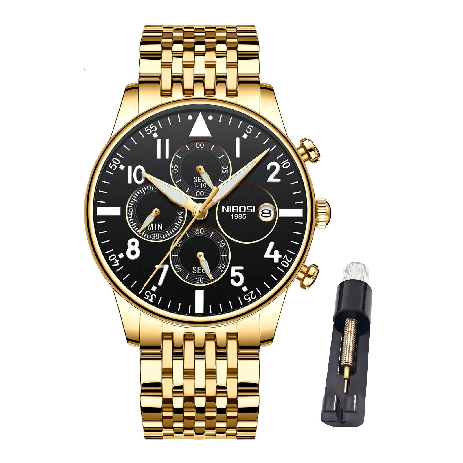 NIBOSI Watches for Men Quartz Analog,Stainless Steel Silver Blue,Day Date | Luxury Waterproof Big Face Stainless Steel Multifunction Mens Watches Glod Black