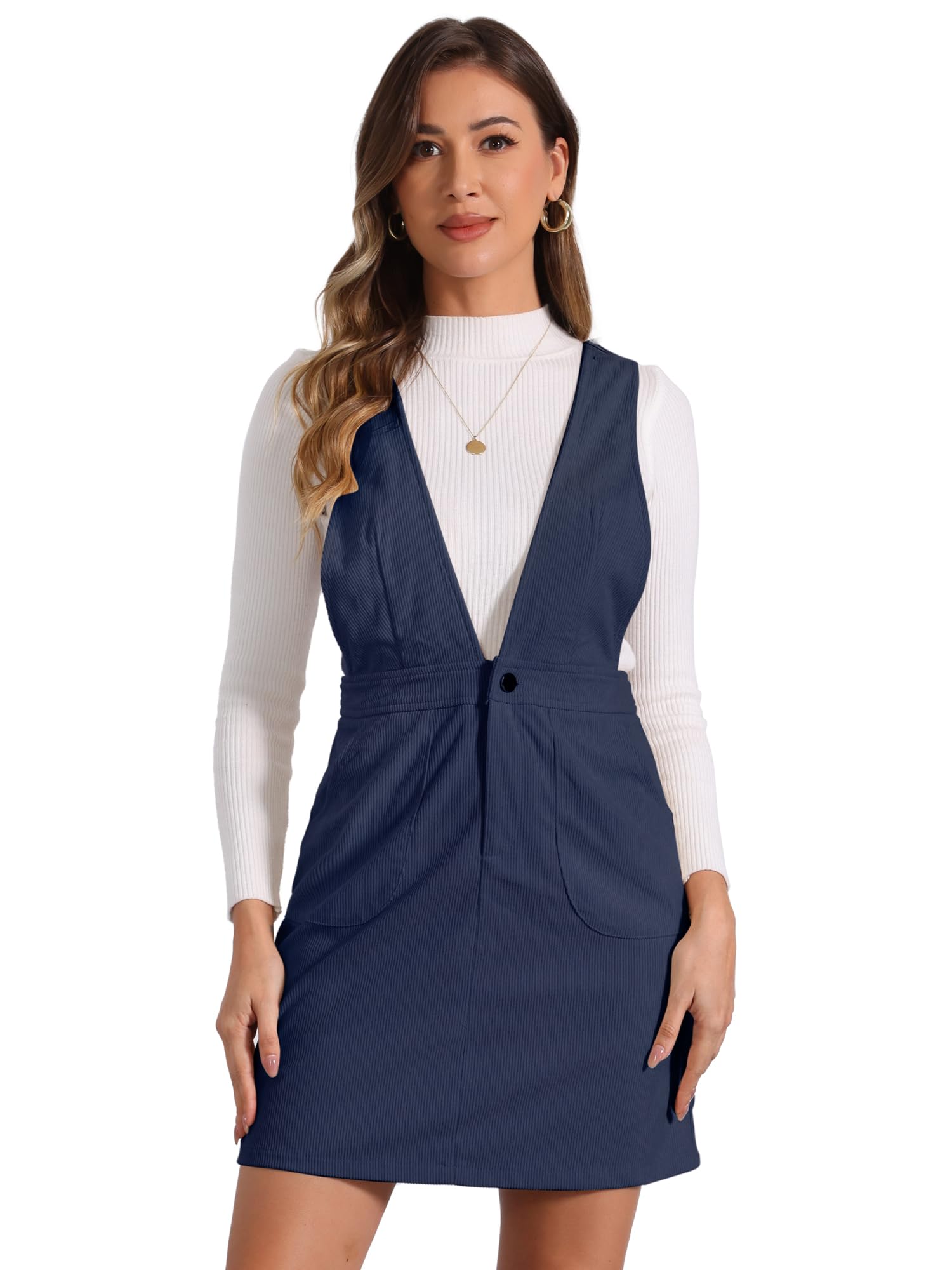 Allegra K Women's Corduroy Overall V Neck Strap Mini Pinafore Dress
