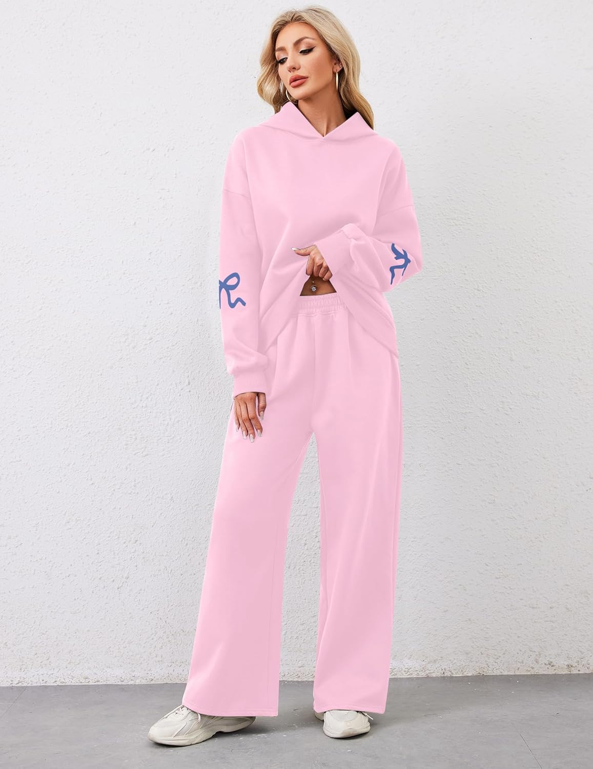 Womens 2 Piece Sweatsuits Bow Print Hoodies Sets Oversized Graphic Hoodie Wide Leg Sweatpants Fall Outfits - Image 2