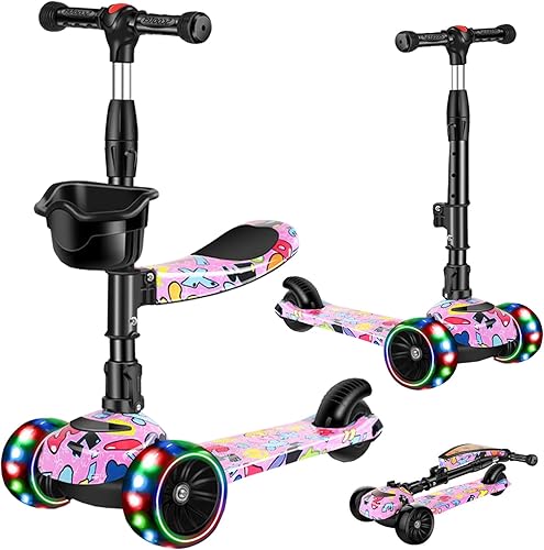 Miniatura 7 de Patinete 2 en 1 para niños de 3 a 8 años, altura ajustable, asiento extraíble, 3 ruedas de luz LED, actividades al aire libre para niños y niñas