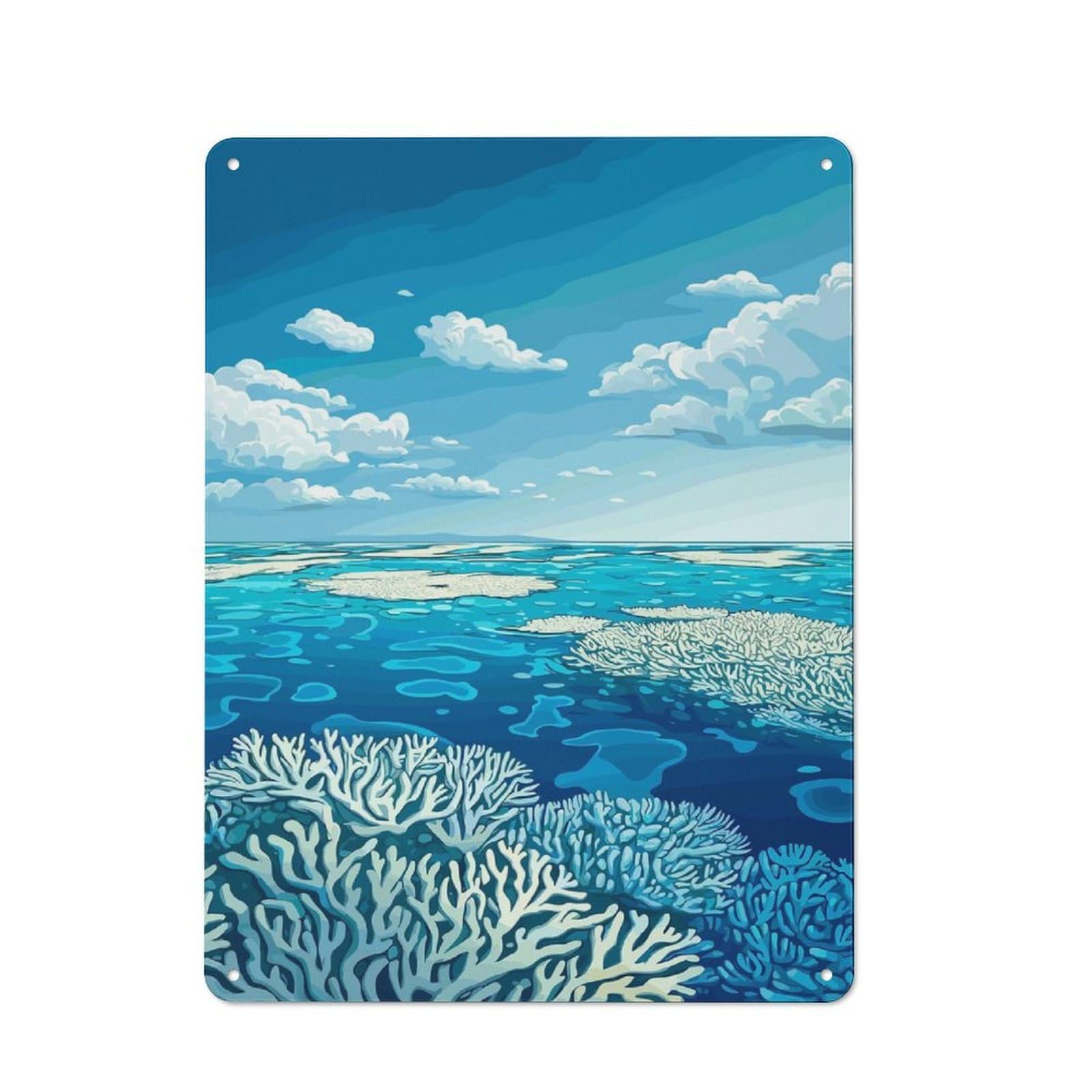 Junmoney Style Coral Reef Under Blue Sky(2) Classic Metal Wall Decor 40X30cm, Metal Wall Plaque For Hobby Room, Office, Lounge Or Living Room