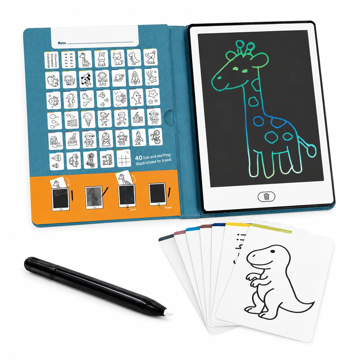Zazu Fun Tablette à Dessin LCD pour Enfants - 8,5 Pouces Tablette de Dessin avec 40 Cartes de Modèle & Stylo, Fonction d'Effacement & Bouton de Verrouillage - Jouet Éducatif Créatif pour Maison