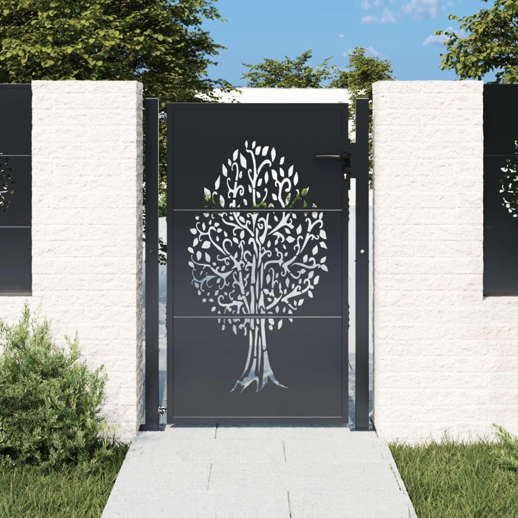 vidaXL Cancello Giardino Antracite 100x125 cm in Acciaio Design Albero, cancello, cancello in Acciaio, cancello da Esterno, cancello di Sicurezza