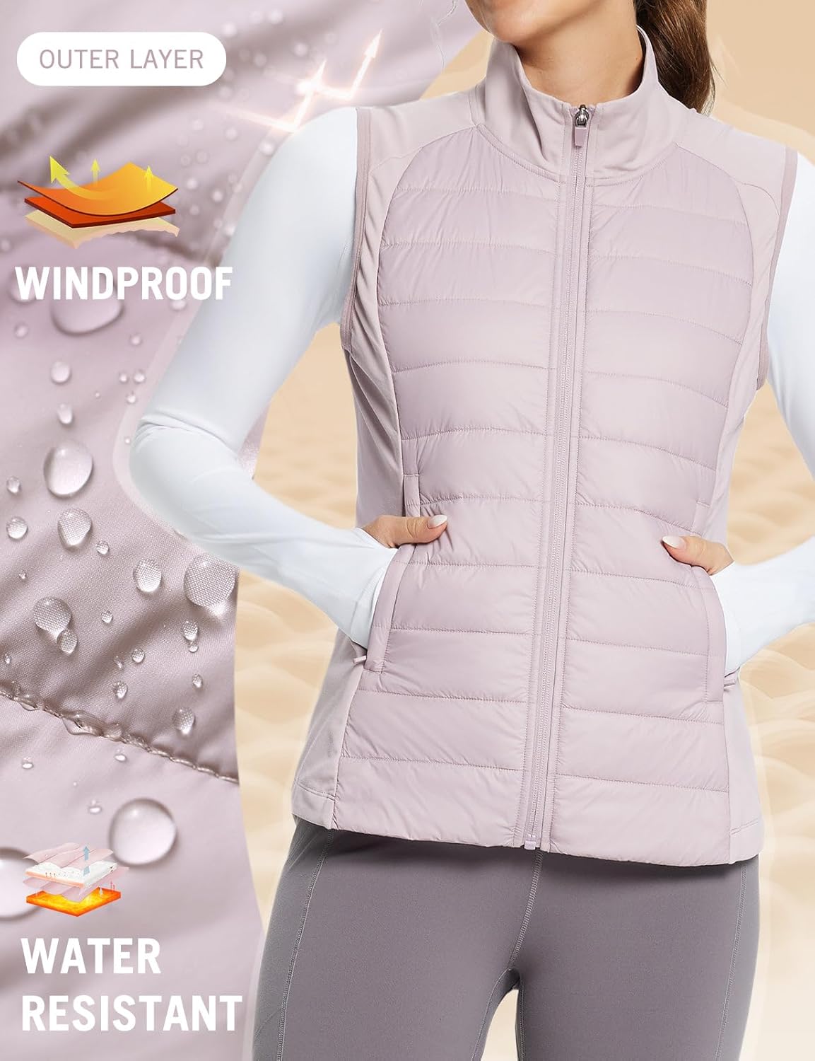 baleaf Women's Lightweight Warm Puffer Vest Running Winter Hybrid Sleeveless Quilted Water Resistant Jacket - Image 6