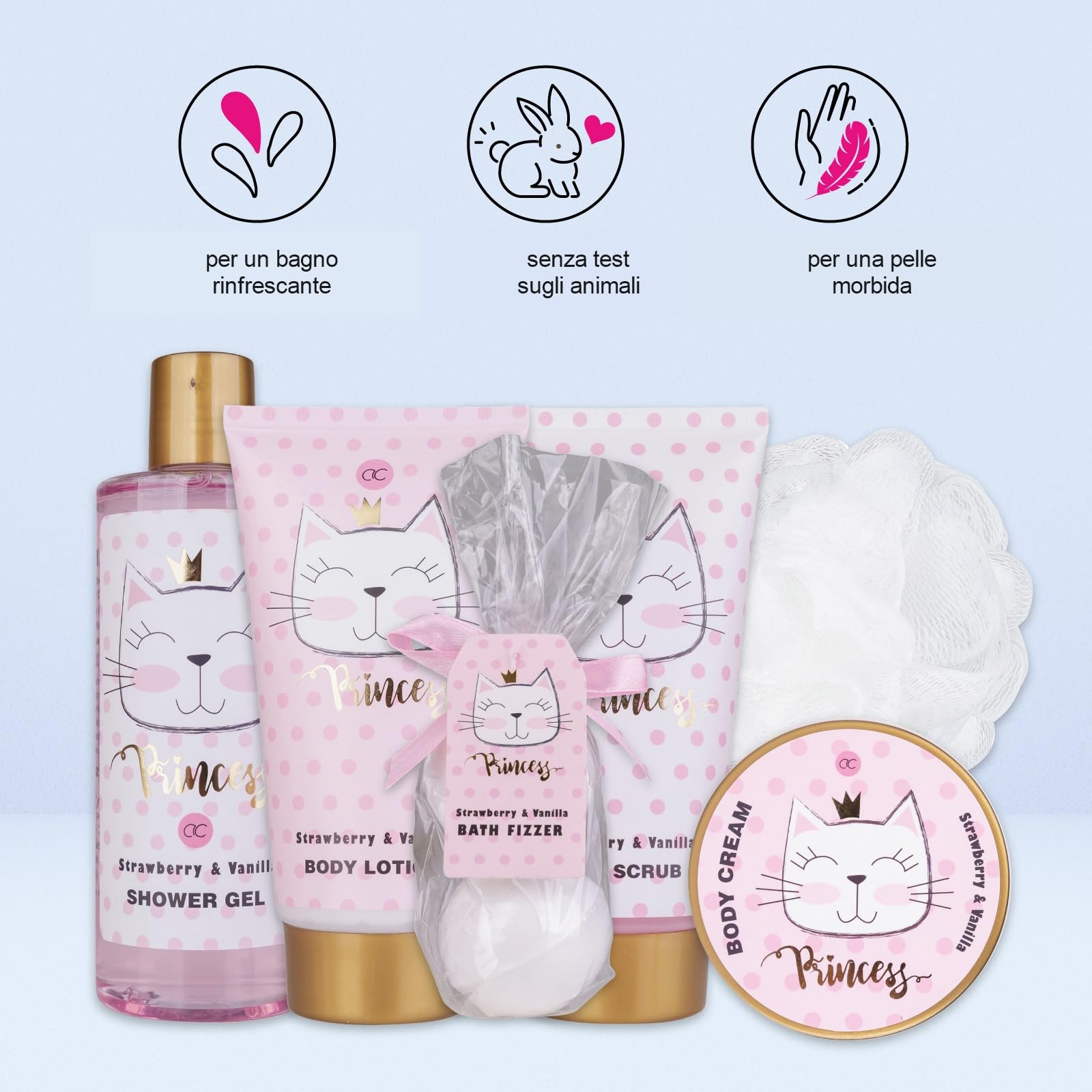Accentra - Set Regalo Princess Kitty Per Bambina, Con Aroma Alla Fragola E Alla, 7 Pezzi, Colore: Rosa, Vaniglia